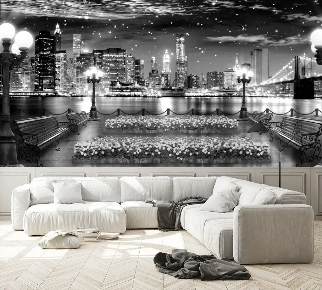 Фотообои в интерьере вид на ночную набережную  19-0031 фото