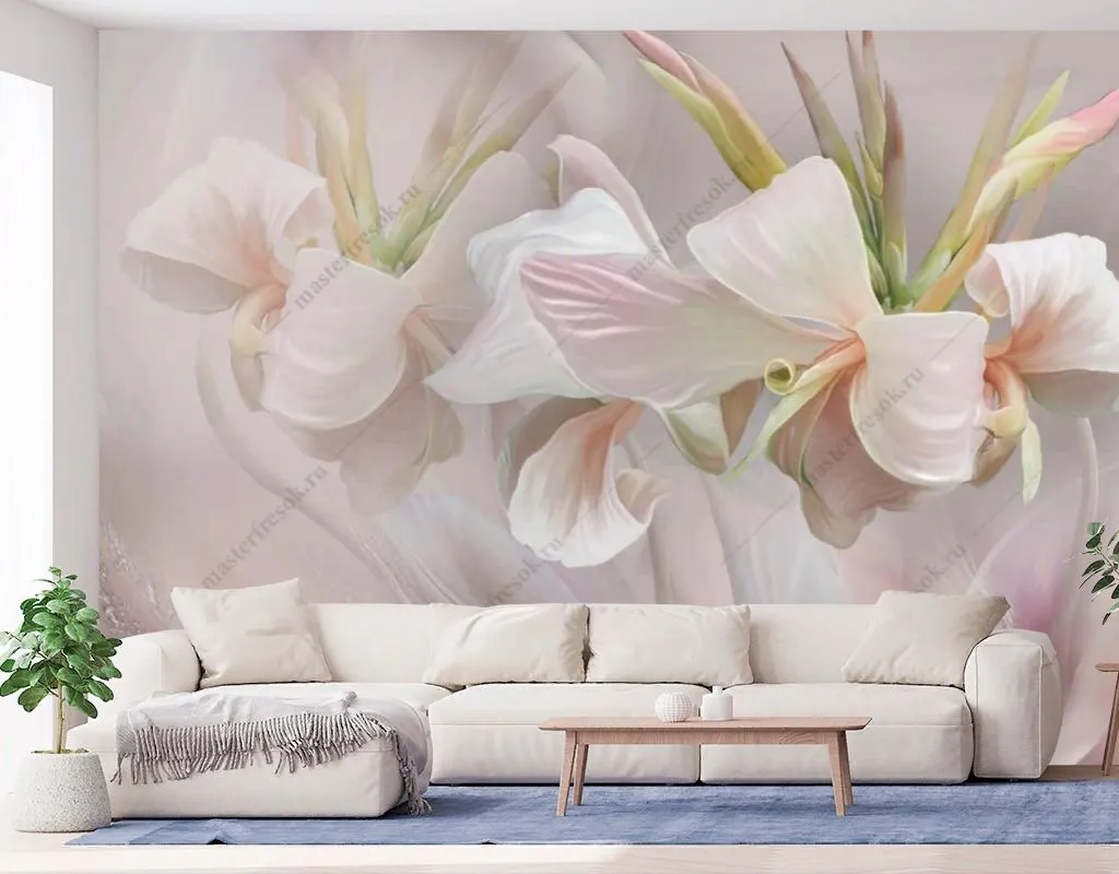 Фотообои в интерьере лилии белые на розовой акварели  13-632 фото