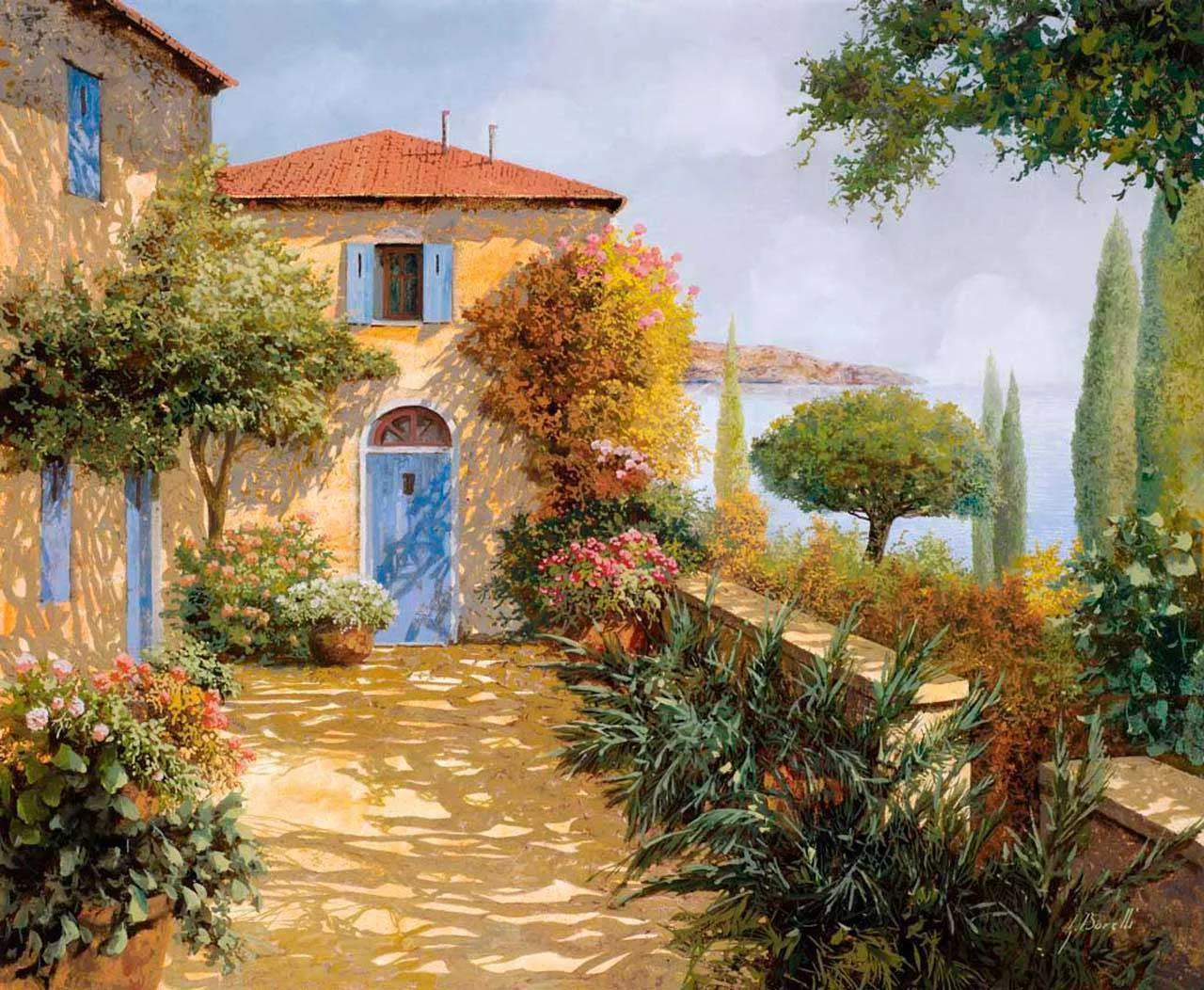 Фотообои в интерьере тихий солнечный дворик с видом на море  8-079 фото