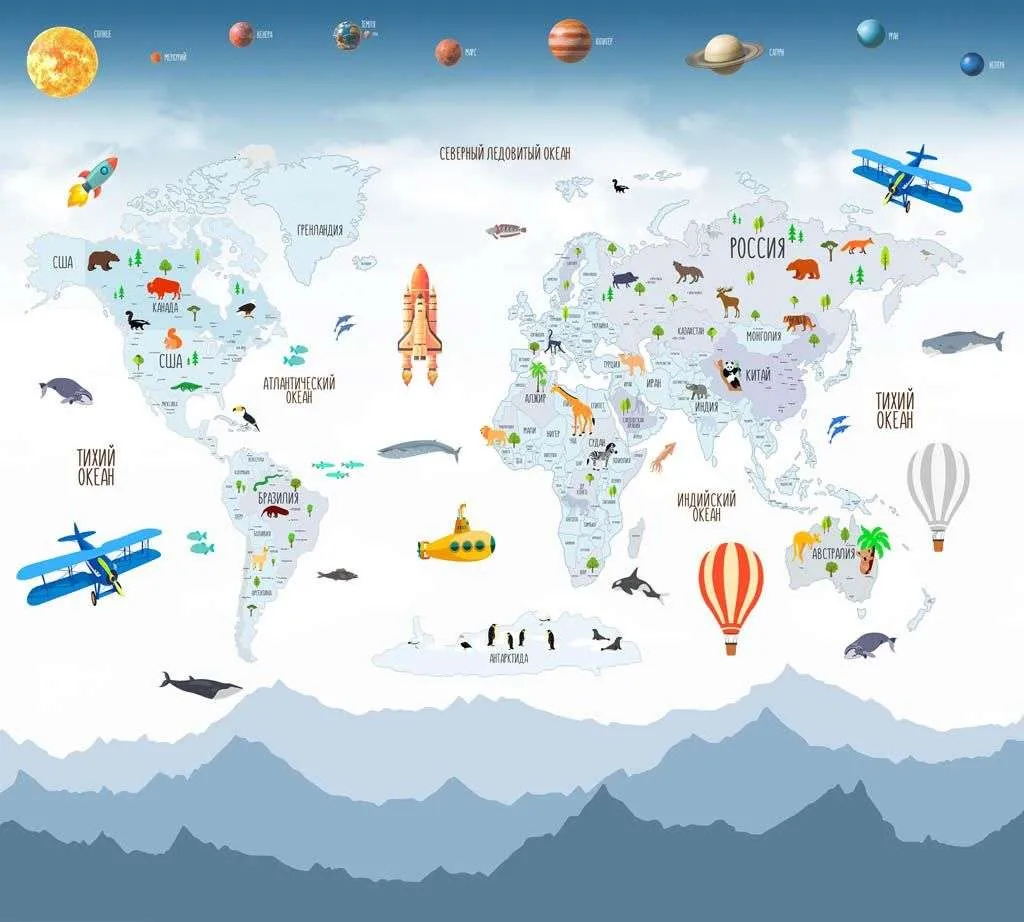 Фотообои в интерьере карта мира с горами и планетами  12-1184 фото
