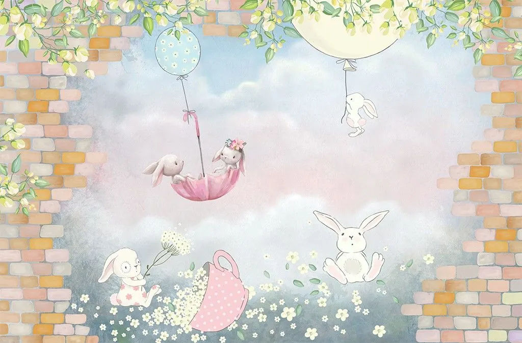 Фотообои в интерьере зайки в зонтике и крпичная стена  14-643 фото