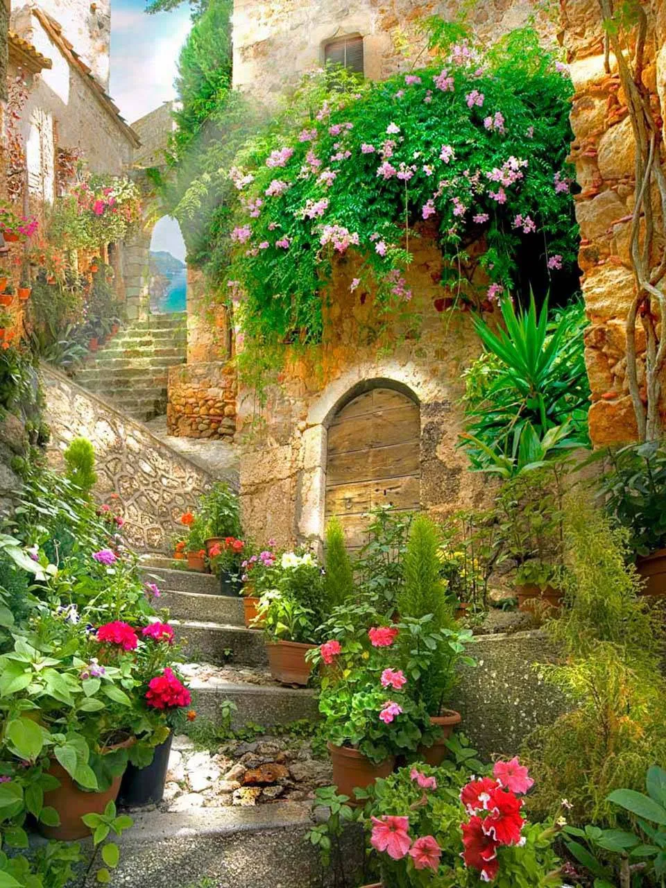 Фотообои в интерьере лестница с цветами  5-097 фото