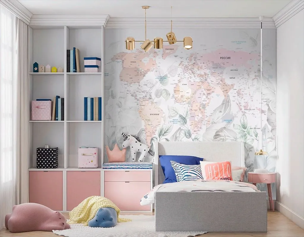 Фотообои Карта мира на фоне листьев  13-574