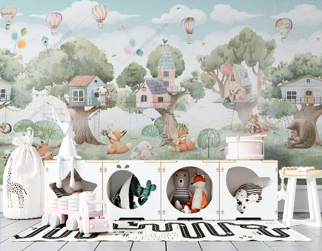 Фотообои в интерьере деревья и животные с домиками  14-371 фото