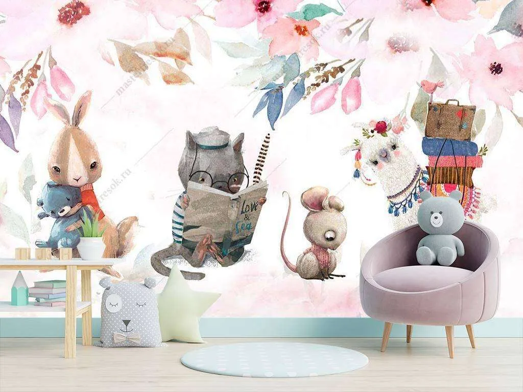 Фотообои в интерьере детские иллюстрации с цветами  14-006 фото