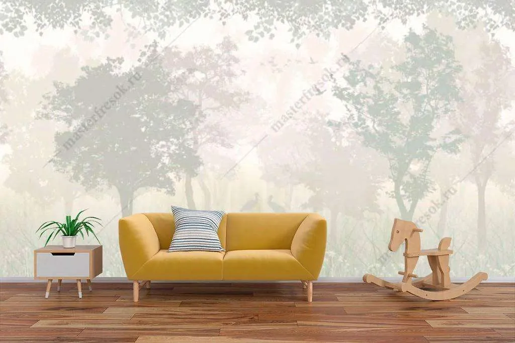 Фотообои в интерьере летний лес в тумане  14-130 фото