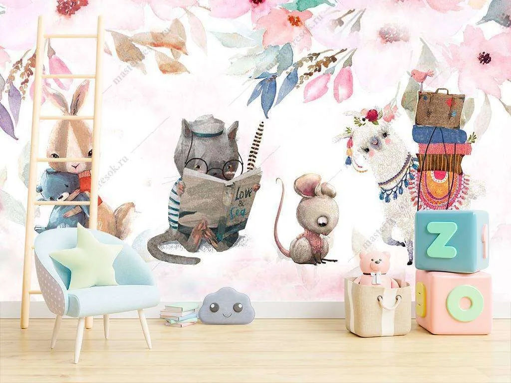 Фотообои в интерьере детские иллюстрации с цветами  14-006 фото
