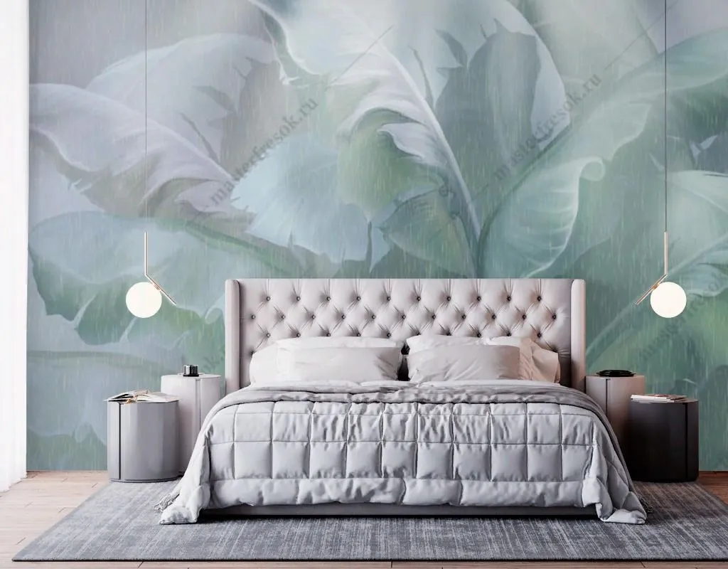 Фотообои в интерьере зеленые листья банана  13-457 фото