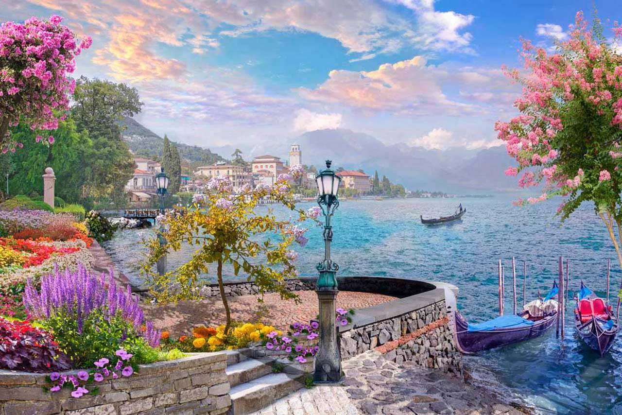 Фотообои в интерьере город на берегу с розовыми облаками  7-283 фото