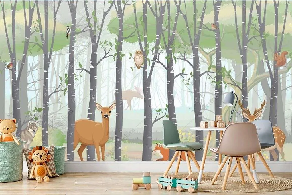 Фотообои в интерьере лес с животными в детскую  14-514 фото