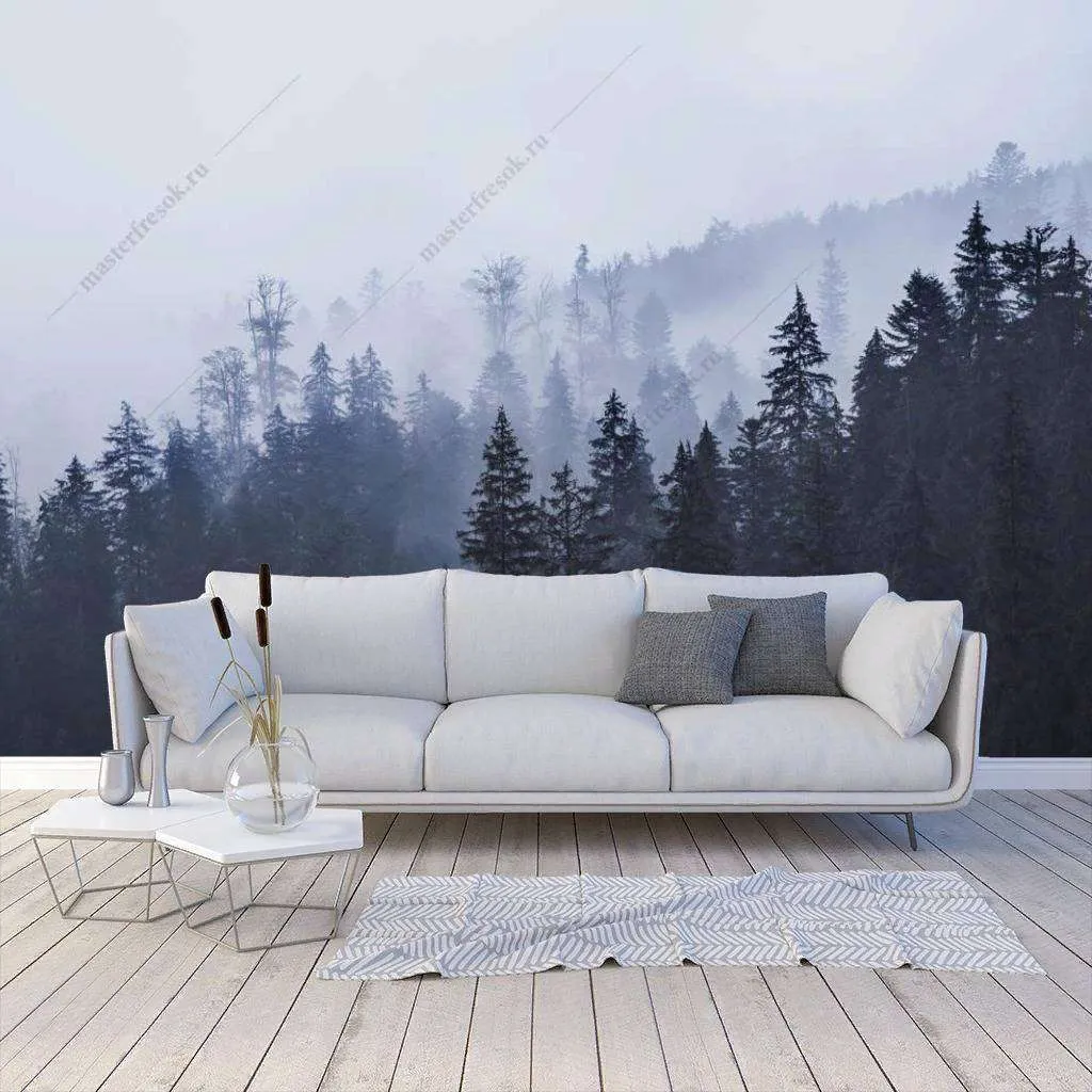 Фотообои в интерьере еловый лес в тумане  9-1170 фото