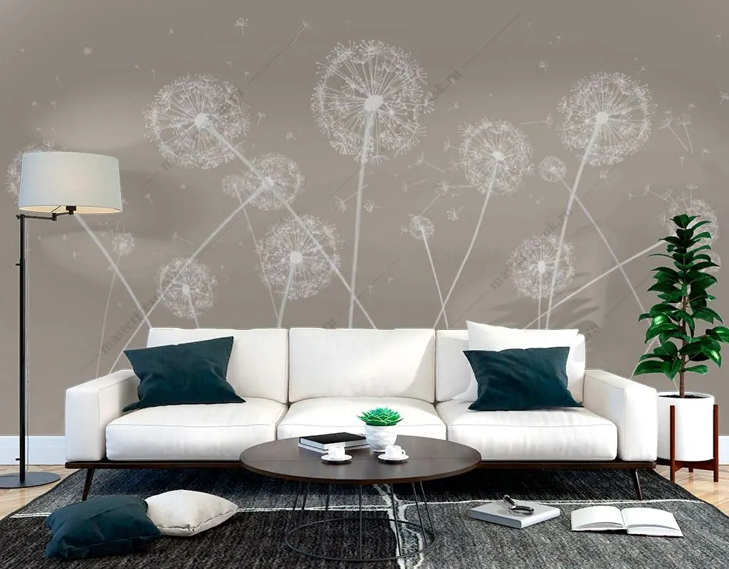 Фотообои в интерьере одуванчики на бежевом фоне  14-524 фото