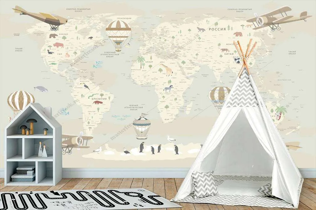 Фотообои в интерьере карта детская светлая  12-976 фото