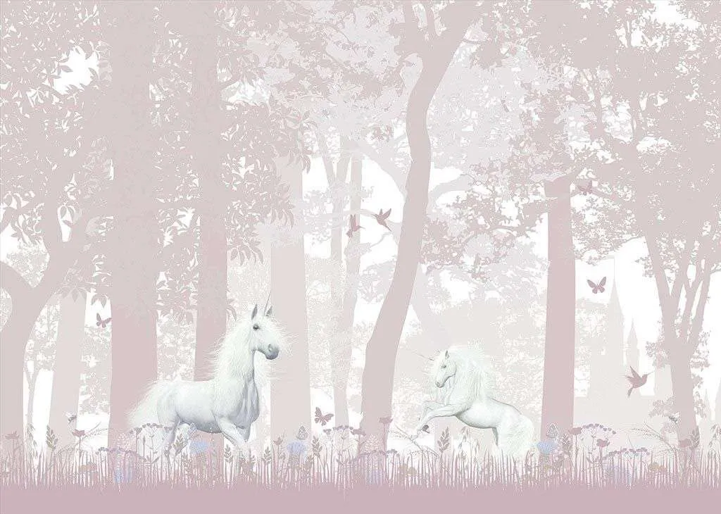 Фотообои в интерьере белые единороги в лесу для девочки  12-1532 фото