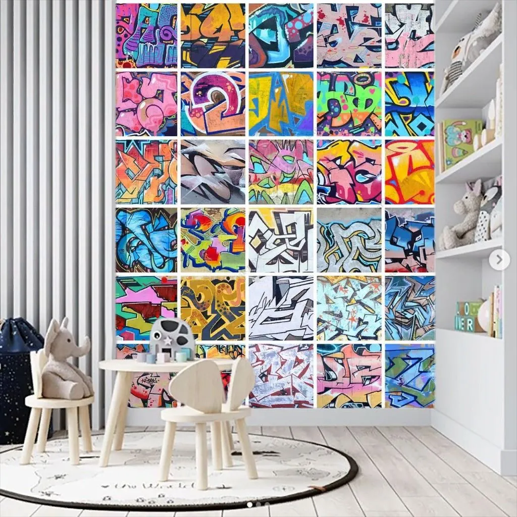 Фотообои в интерьере коллаж граффити в цвете  12-1577 фото
