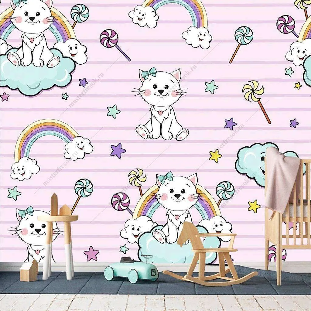 Фотообои в интерьере котята на облаках на розовом фоне  12-414 фото