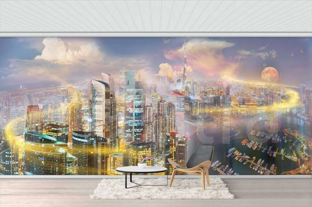 Фотообои в интерьере дубай в золотой дымке  7-550 фото