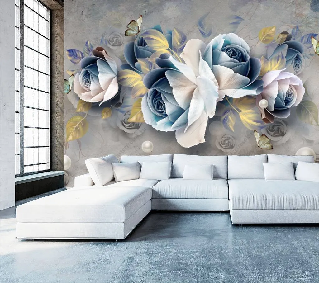Фотообои в интерьере 3d синие цветы  10-675 фото