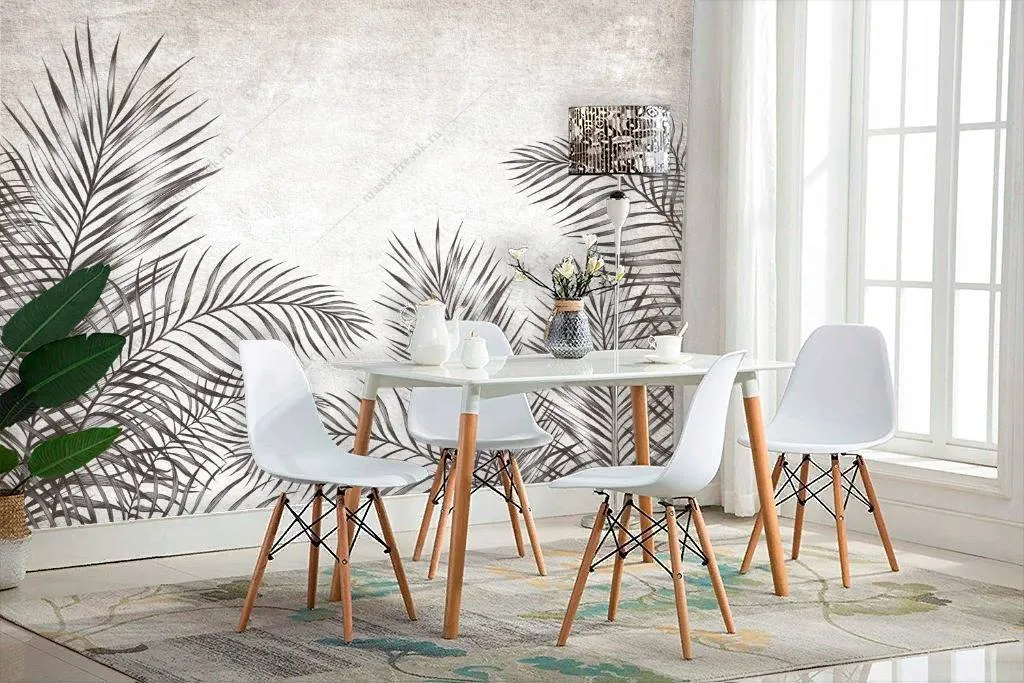 Фотообои в интерьере черно-белые листья  10-761 фото