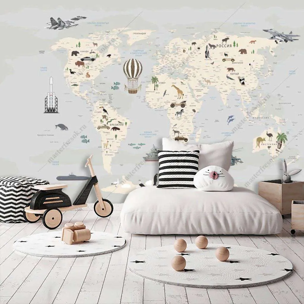 Фотообои в интерьере карта мира и военная техника  12-1185 фото