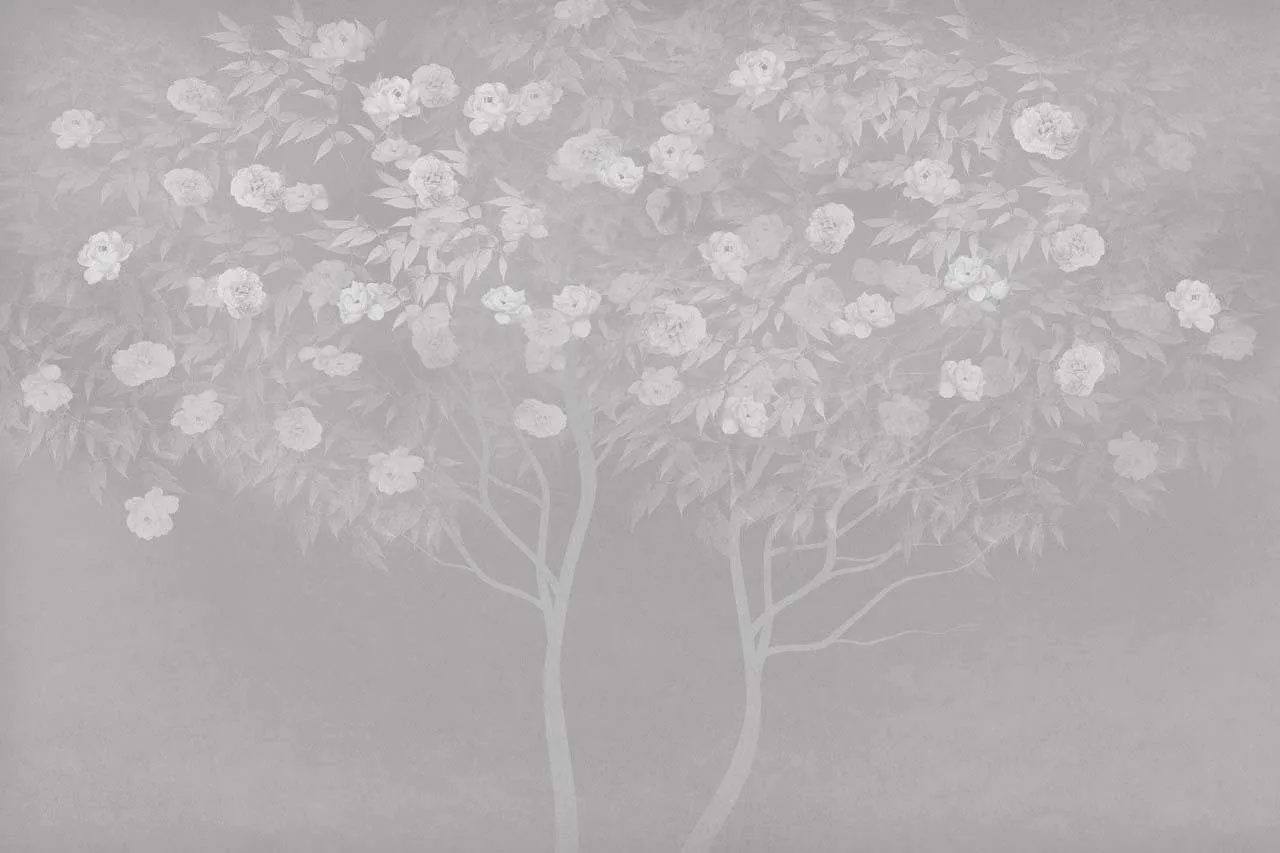 Фотообои в интерьере дерево цветущее на сером фоне  13-586 фото