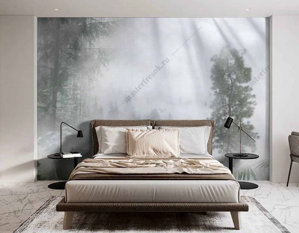 Фотообои в интерьере лучи солнца в туманном лесу  13-465 фото