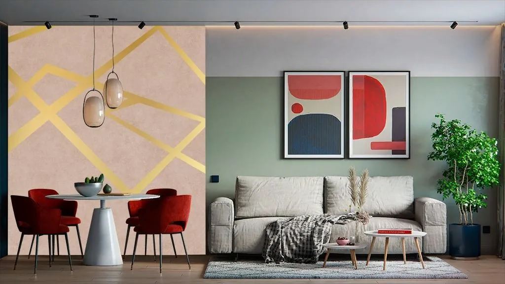 Фотообои в интерьере золотые линии на розовом  9-2058 фото