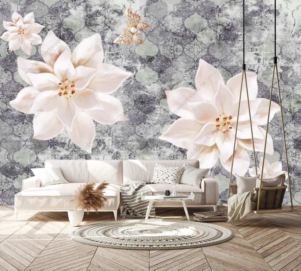 Фотообои в интерьере 3д цветы на ткани  10-920 фото