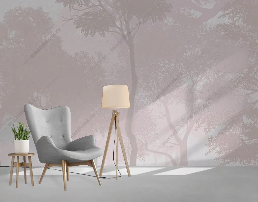 Фотообои в интерьере лес в бежевой дымке  12-1540 фото