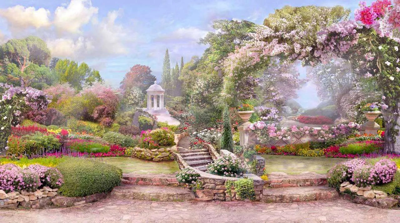 Фотообои в интерьере парк с цветами и беседкой  7-280 фото