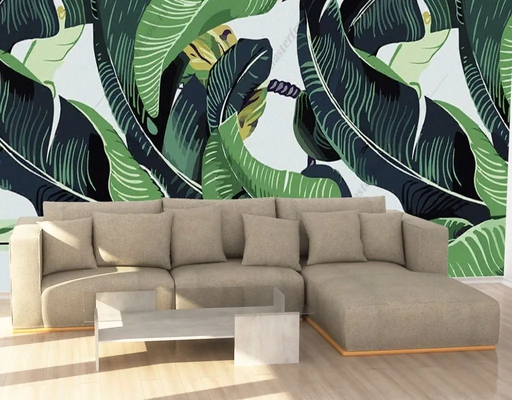 Фотообои в интерьере принт банановые листья  14-483 фото