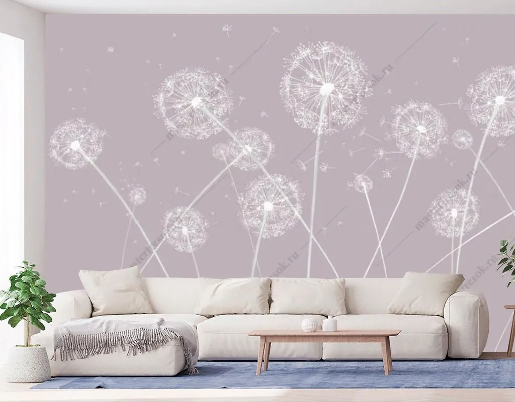 Фотообои в интерьере одуванчики на розовом фоне  14-527 фото