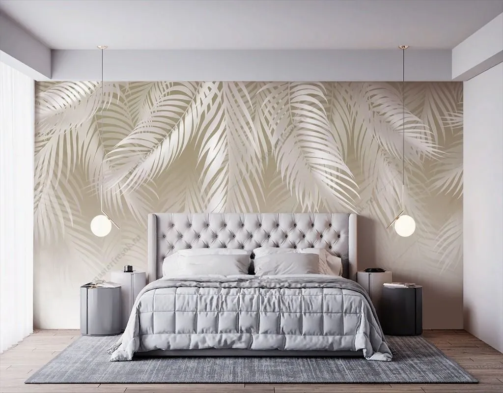 Фотообои в интерьере светло-бежевые перья  14-546 фото