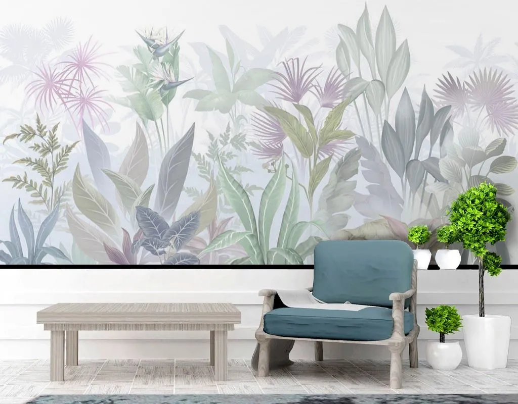 Фотообои в интерьере в спальню тропические растения светлый фон   13-653 фото