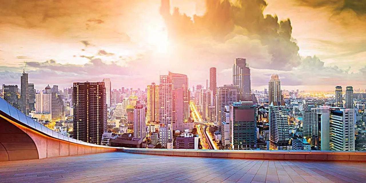 Фотообои в интерьере восход солнца в мегаполисе  7-356 фото