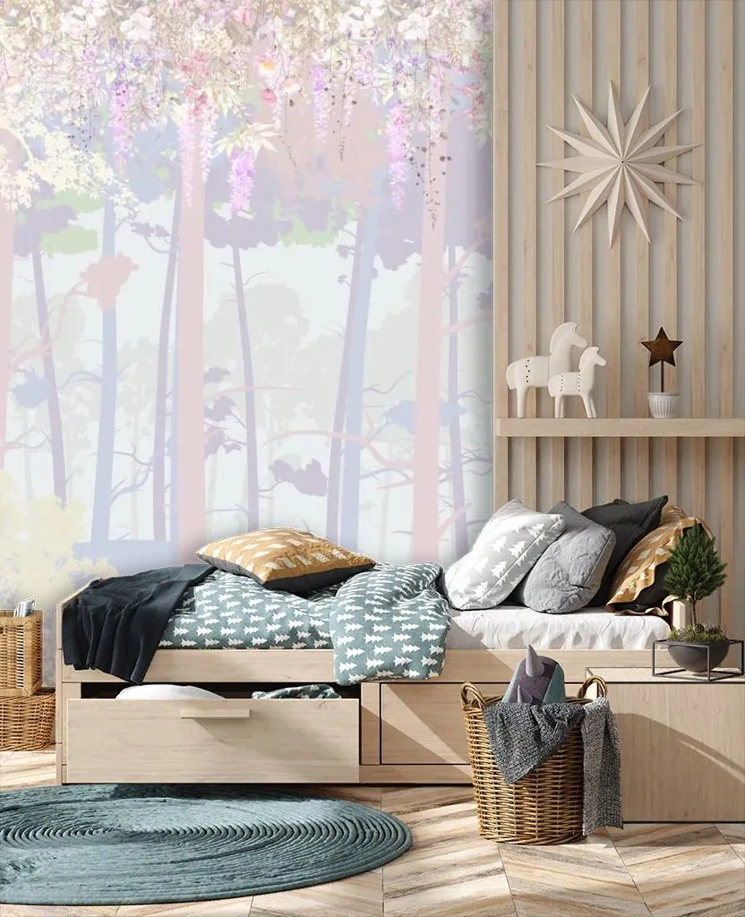 Фотообои в интерьере в детскую розовый лес   14-751 фото