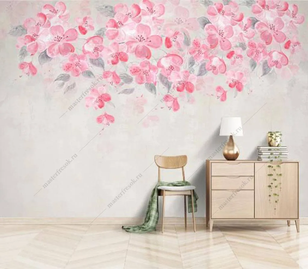 Фотообои в интерьере розовые цветы сакуры  15-947 фото