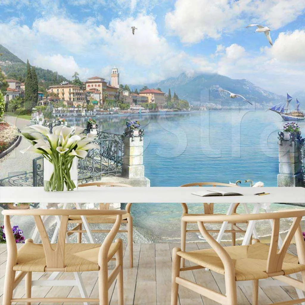 Фотообои в интерьере город на берегу с набережной  7-281 фото