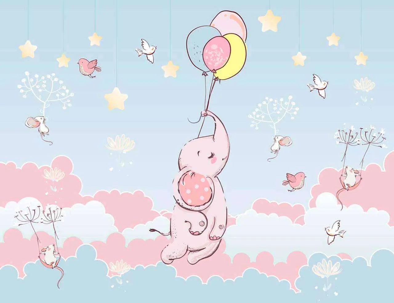 Фотообои в интерьере слон парит в облаках на голубом фоне  12-411 фото