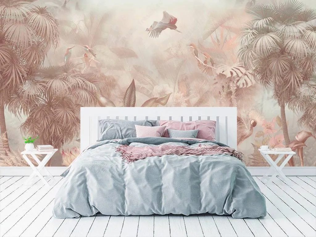 Фотообои в интерьере розовые тропики  13-267 фото