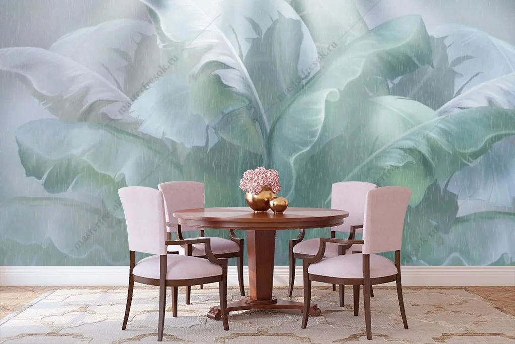 Фотообои в интерьере зеленые листья банана  13-457 фото