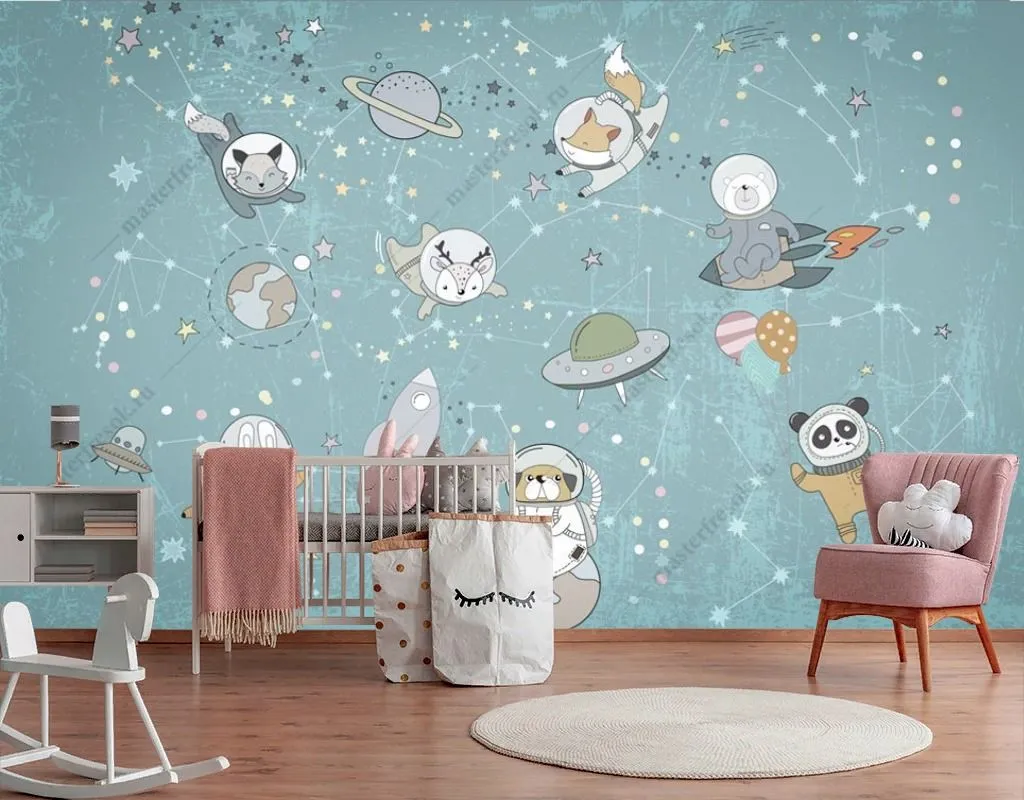 Фотообои в интерьере космос детский с животными  14-669 фото