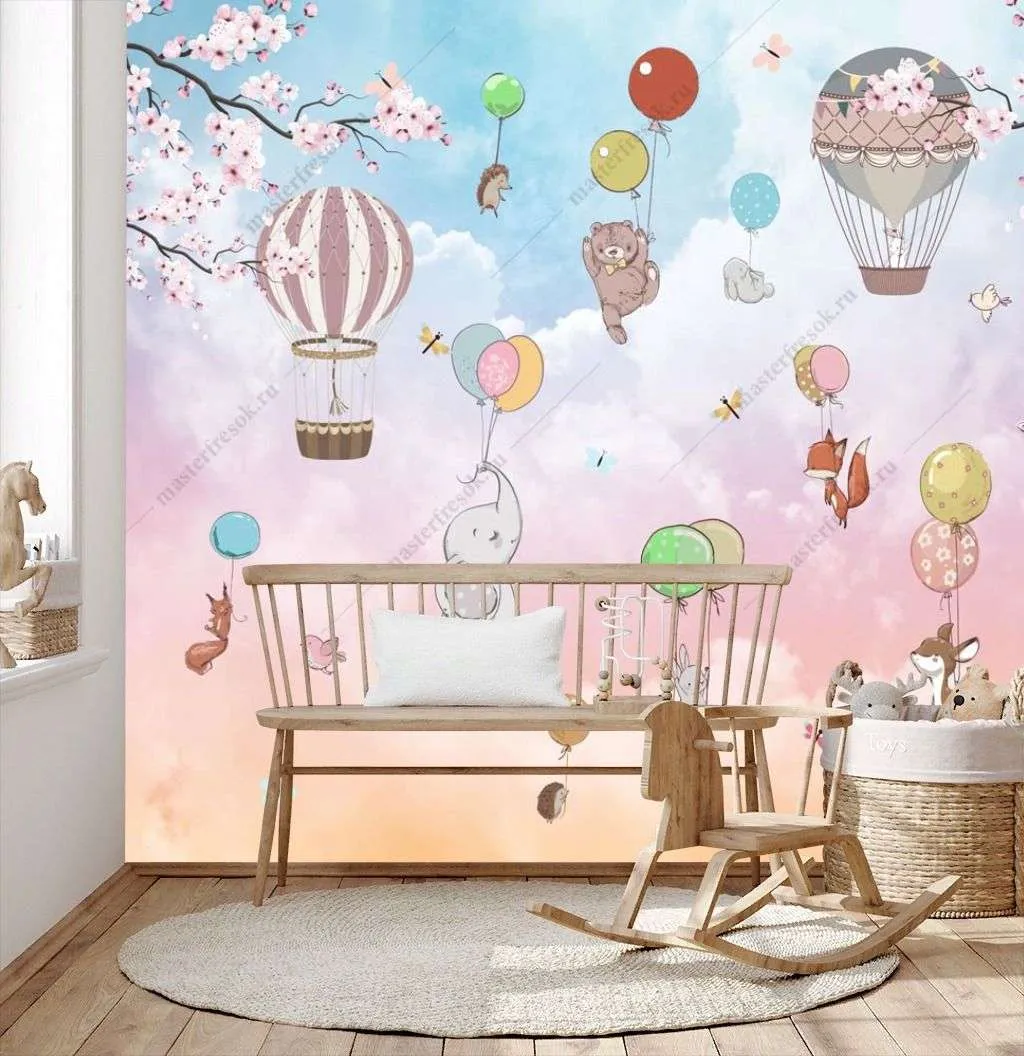 Фотообои в интерьере зверушки на воздушном шаре  14-245 фото