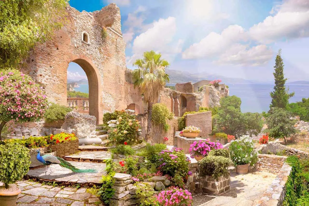 Фотообои в интерьере стена с цветущей аркой  7-203 фото