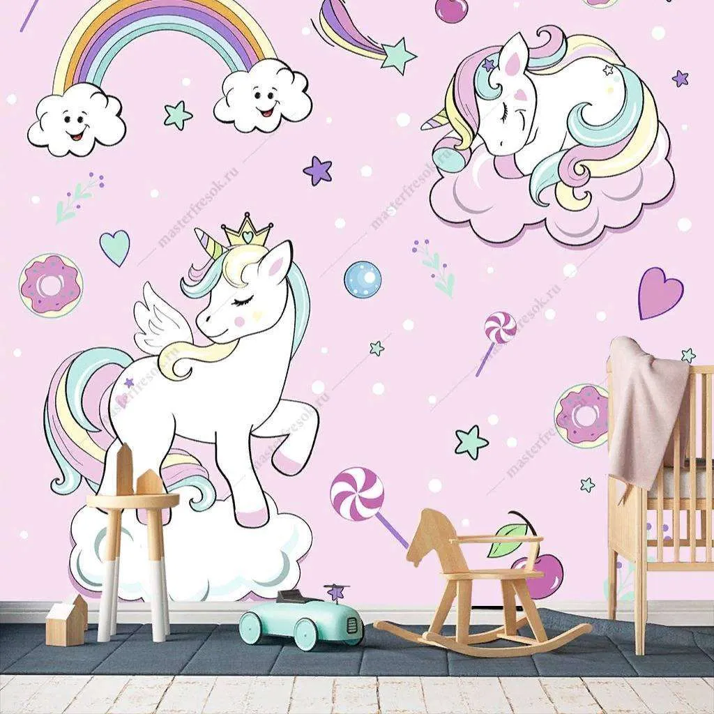 Фотообои в интерьере единорог на облаках на розовом фоне  12-416 фото