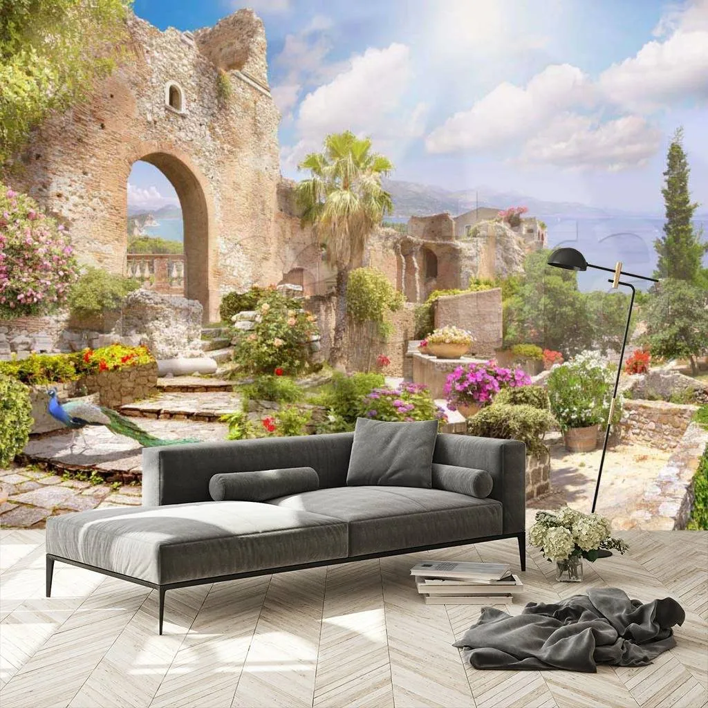 Фотообои в интерьере стена с цветущей аркой  7-203 фото