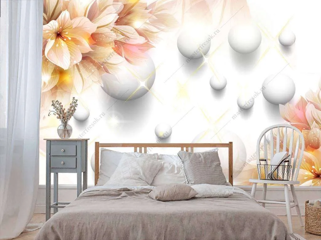 Фотообои в интерьере 3д цветы и шарики  10-626 фото