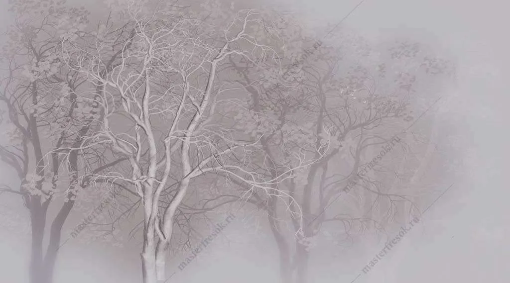 Фотообои в интерьере черно-белые деревья в тумане  13-361 фото