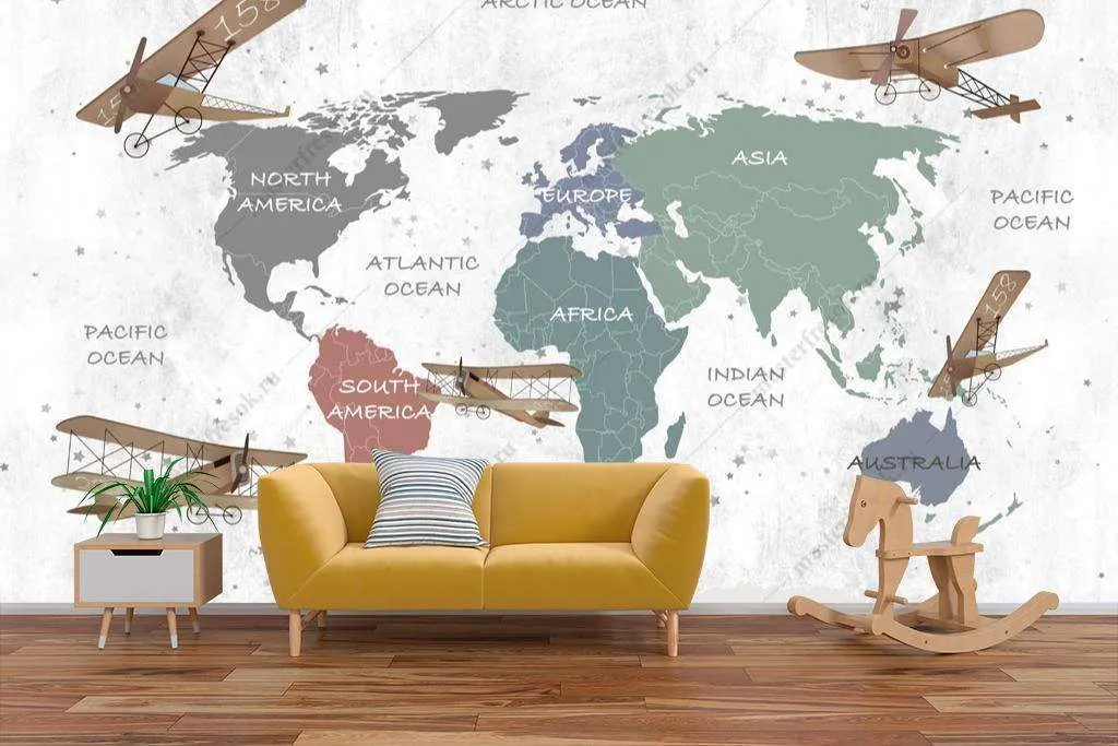 Фотообои Бесшовные обои на стену:  Карта мира цветная. Артикул: 12-776  