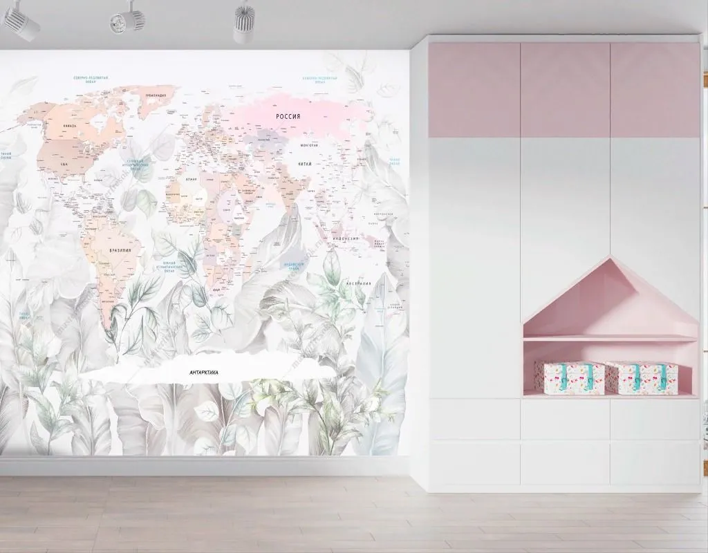 Фотообои в интерьере карта мира на фоне листьев  13-574 фото